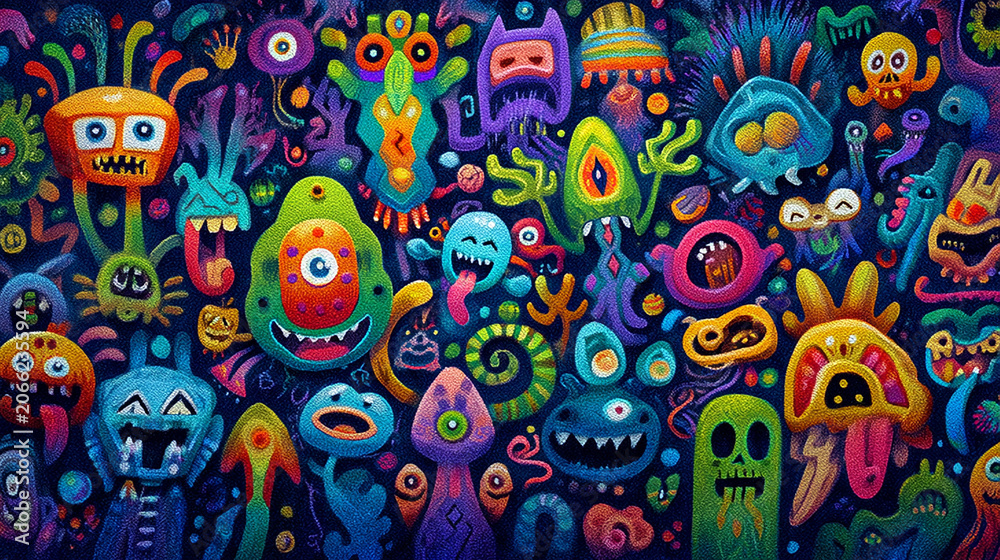 Fototapeta premium Vibrant Neon Monster Doodles Pattern