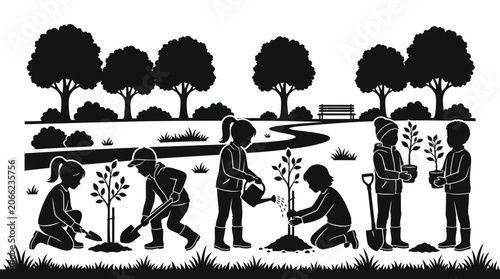 People planting trees in a park.