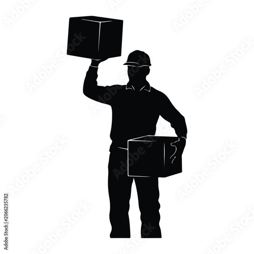Warehouse worker holding two boxes, one raised silhouette