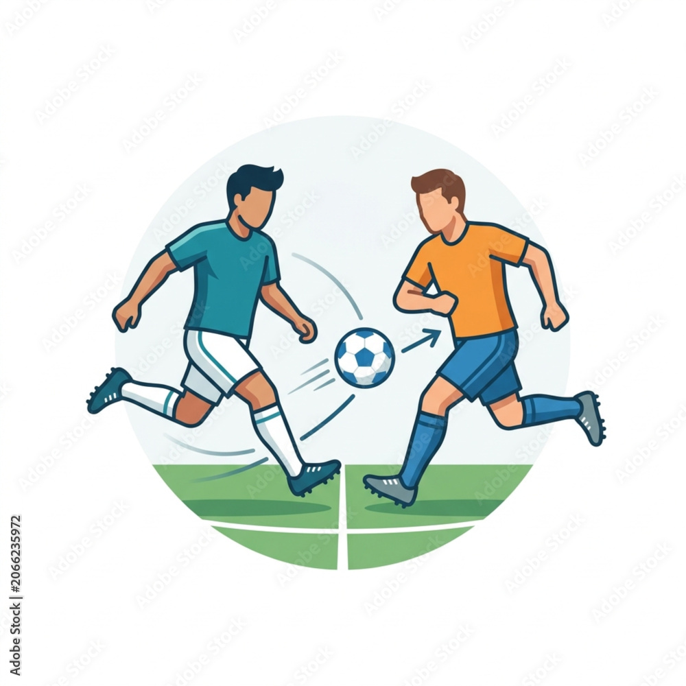 Fototapeta premium Two soccer players competing for the ball on a field.