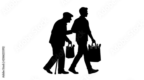 Two men walking with tool bags.