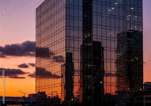 Modern glass office skyscraper reflecting vibrant sunset sky in downtown business district