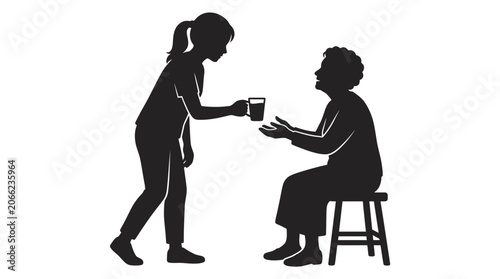 Woman giving coffee to a man.