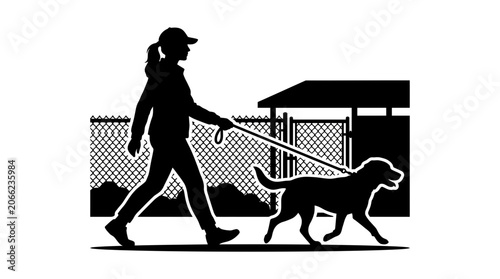 Woman walking dog on leash outside.