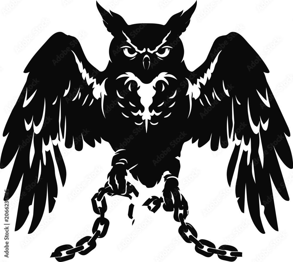 Obraz premium Black and white vector illustration of an angry owl breaking chains of captivity.