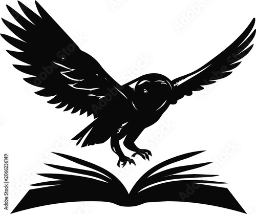 Black and white linocut style illustration of an owl flying over an open book representing wisdom and education.