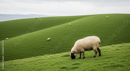 A lone sheep with black face grazes on a lush green hillside under a cloudy sky, showcasing peaceful rural life.
