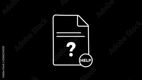 Animated Document File Help Icon with Question Mark on Isolated Black Background,4k video animation.