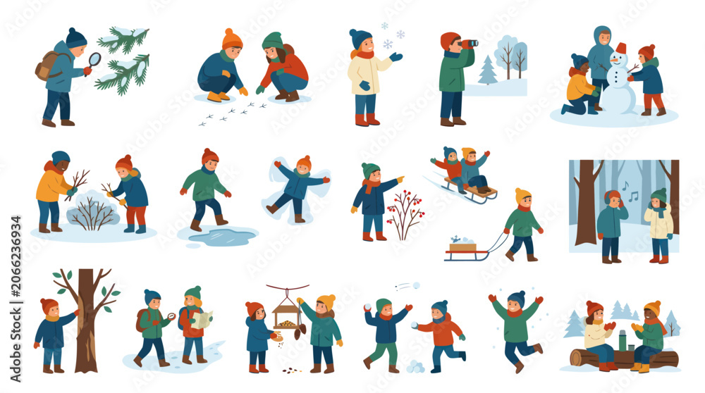 Fototapeta premium Flat Illustration Kids Winter Activities Set. Children Playing Outdoors, Exploring Nature, Sledding Building Snowman.