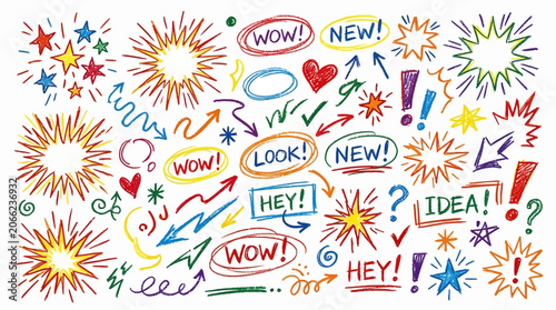Set of colorful hand-drawn comic style speech bubbles and starbursts with words like WOW, NEW, LOOK, IDEA, Hey