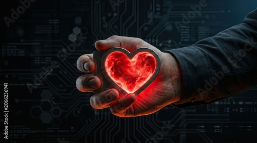 Hand holding glowing red heart symbol against futuristic digital circuit background