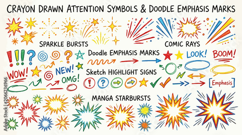 Collection of colorful hand-drawn cartoon attention symbols, doodle emphasis marks, and manga starbursts for design