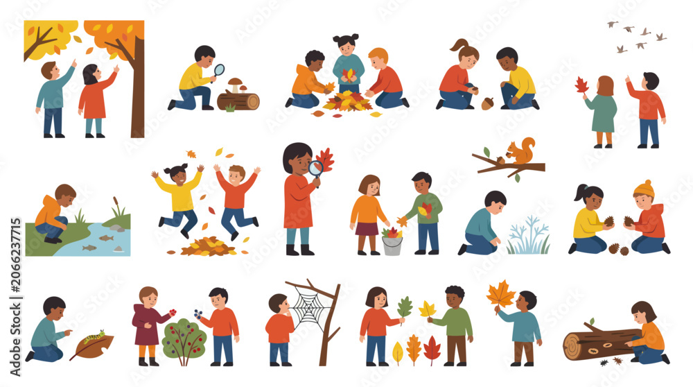 Fototapeta premium Happy Kids Autumn Outdoor Activities Flat Vector Illustration Collection. Children Playing with Leaves, Exploring Nature