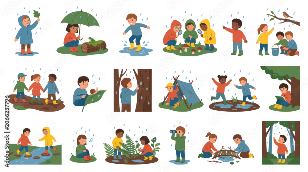 Naklejka premium Children Playing Outdoors in the Rain, Fun Activities, Flat Illustration