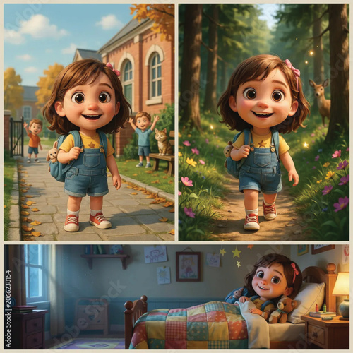6-Year-Old Brunette Girl with Backpack in Different Locations