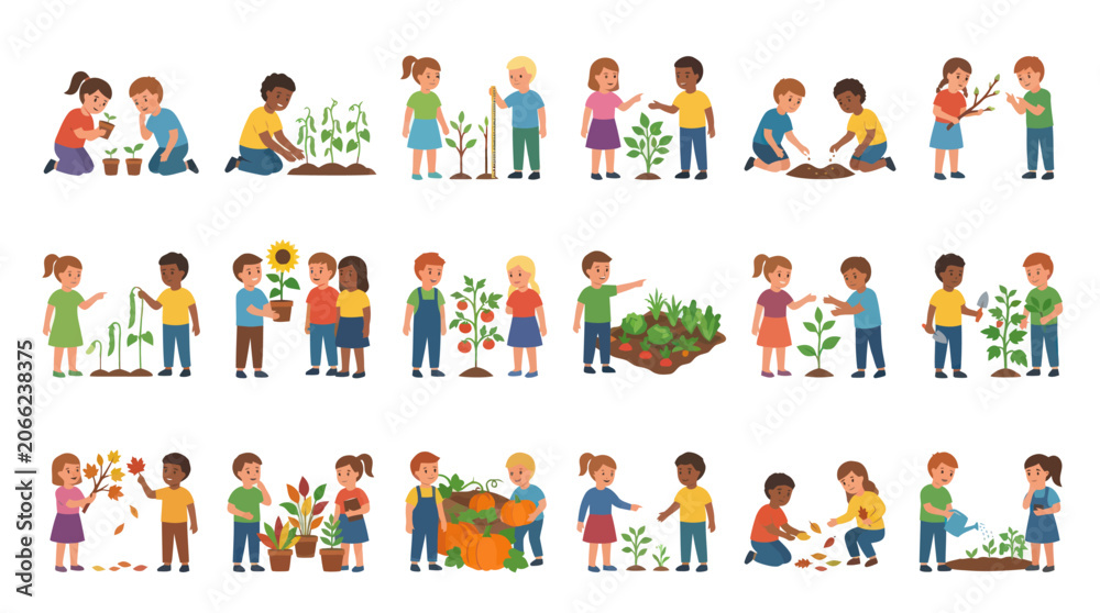 Fototapeta premium Children Gardening Planting Nature Vector Art - Diverse Kids in Spring Season Activities