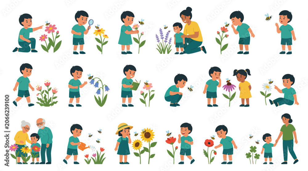 Fototapeta premium Flat Vector Illustration of Kids Learning About Nature: Children, Flowers, and Bees in Educational Outdoor Activities
