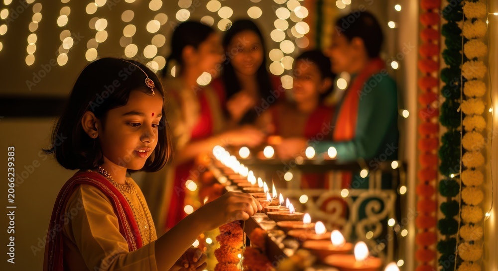 Fototapeta premium Young Indian Girl Lighting Traditional Oil Lamps for Diwali Festival Celebration at Home with Family Background Warm Festive Atmosphere Cultural Tradition Concept