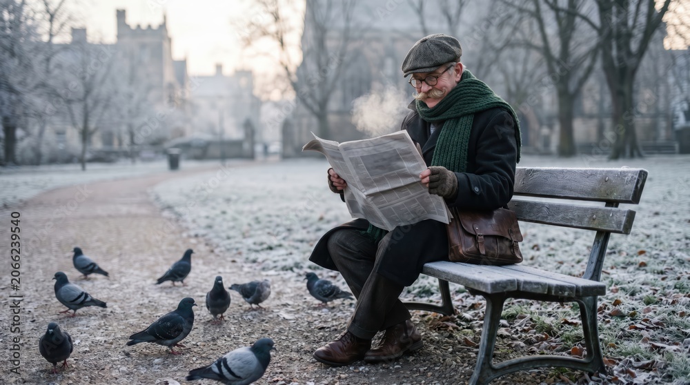 Fototapeta premium Older man sitting on park bench reading newspaper among pigeons on frosty morning path, wrapped in coat and scarf with visible breath creating quiet contemplative winter scene