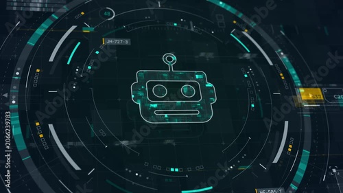 Motion graphic of robot assistant automation technology and chatbot interface inside a futuristic HUD, featuring teal digital workflow motion for business promotion.