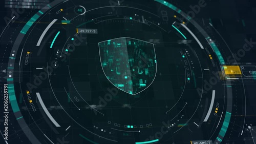 Motion graphic of cybersecurity data protection and shield icon inside a futuristic HUD, featuring teal network security motion for business technology promotion.