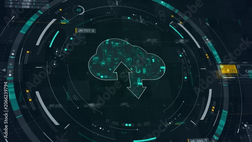 Motion graphic of cloud computing data transfer and cloud storage inside a futuristic HUD, featuring teal digital network motion for technology marketing backgrounds.