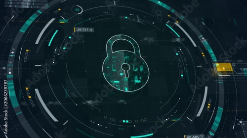 Motion graphic of cybersecurity data security and digital lock inside a futuristic HUD, featuring encryption themed motion for privacy and technology marketing.