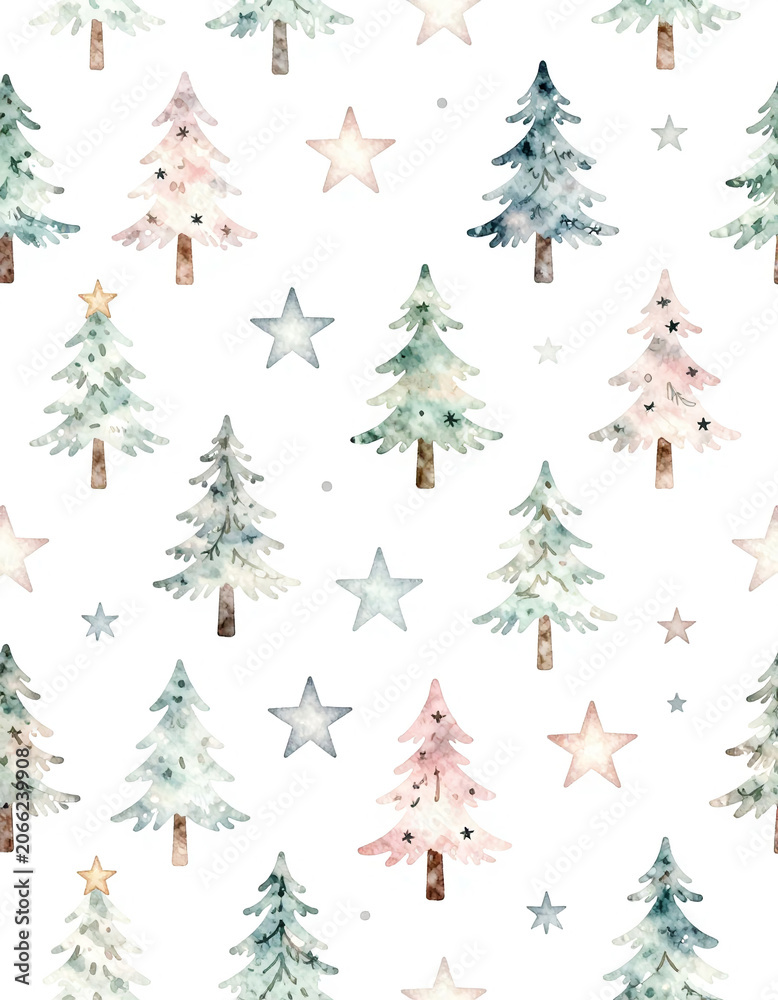 Obraz premium Watercolor Christmas seamless pattern with fir trees and stars. Hand painted illustration