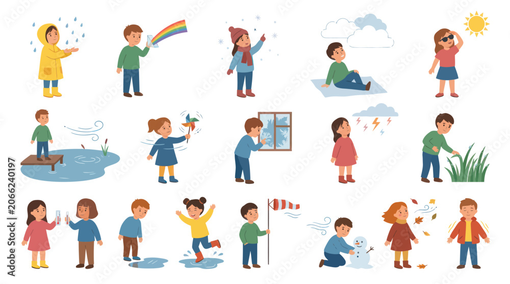 Fototapeta premium Kids Enjoying Different Weather Conditions - Children's Season and Weather Illustration