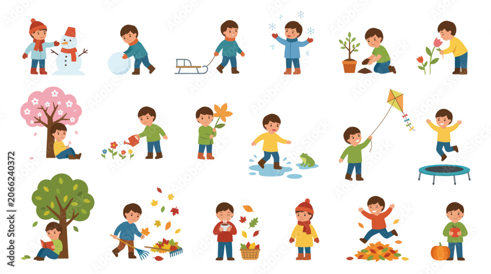 Fototapeta premium Flat Vector Illustration Set of Kids Seasonal Activities. Children Playing Outdoors and Learning Through Seasons.