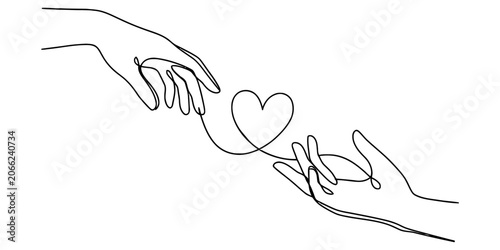 Fotografie Continuous single line drawing of two hands reaching for each other with a heart
