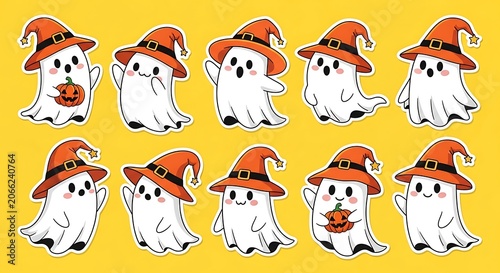 A digital illustration of 10 white ghosts wearing orange witch hats on a yellow background