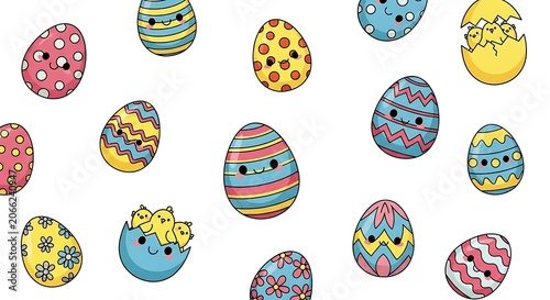 A digital illustration of 13 colorful cartoon Easter eggs with various patterns