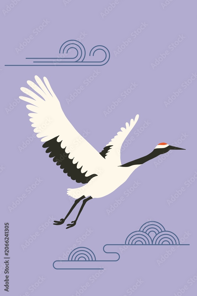 Fototapeta premium Minimalist Flying Crane with Stylized Clouds, Korean Wall Art