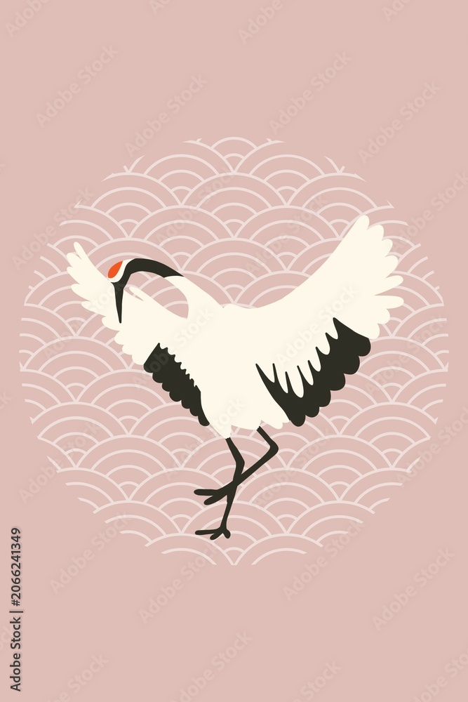 Fototapeta premium crane, seigaiha, asian pattern, pink, decorative bird