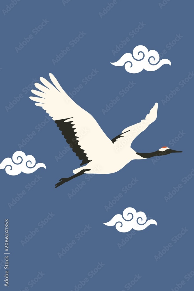 Fototapeta premium crane, flying crane, cloud, asian cloud, japanese art, zen, blue poster