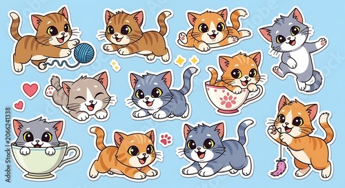 A digital illustration of 12 cartoon cats in various poses on a blue background