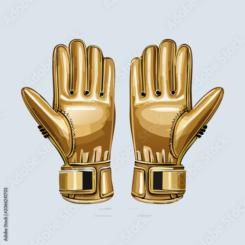 Pair of shiny golden goalkeeper gloves against a light blue background