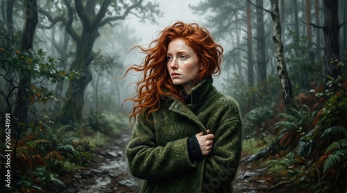 Young red haired woman standing on forest path wearing green coat looking pensive in misty woodland setting, solitary portrait conveying contemplative mood and cool atmospheric nature scene