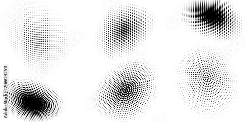 PrintHalftone gradient circles collection. Dots textured round patterns. Cartoon comic radial faded background set. Abstract pixelated elements for frame, poster, collage, banner, flyer. Vector bundle
