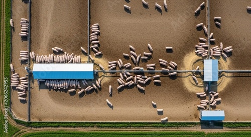 Aerial View of Sheep Grazing in a Farm Pasture With Overhead Structure