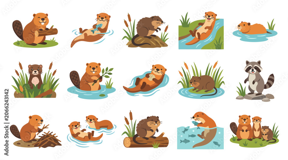 Obraz premium Cute Beaver and Otter Vector Illustrations - Animal Wildlife Cartoon Style