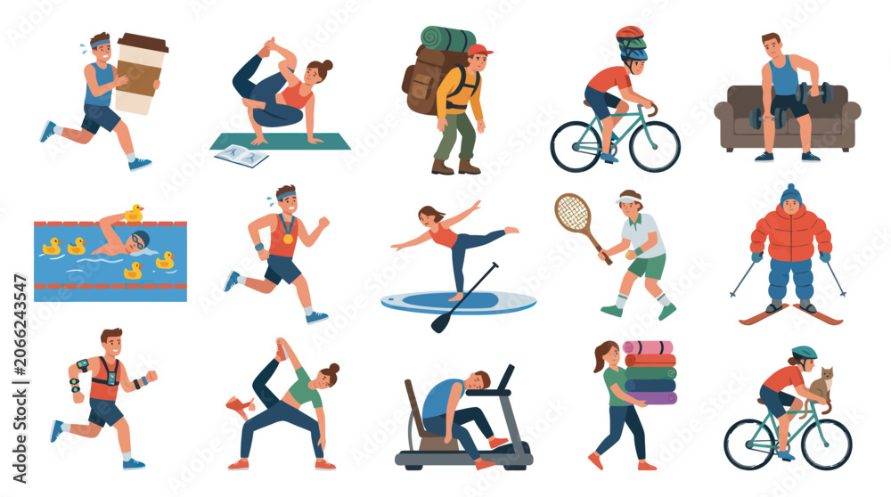 Fototapeta premium Flat Vector Illustration Set of People Practicing Diverse Sports, Fitness, and Healthy Lifestyle Activities