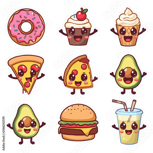 Cute Kawaii Food Character Icons Featuring Happy Donut Cupcake Pizza Avocado Burger and Refreshing Drink Designs for Kids