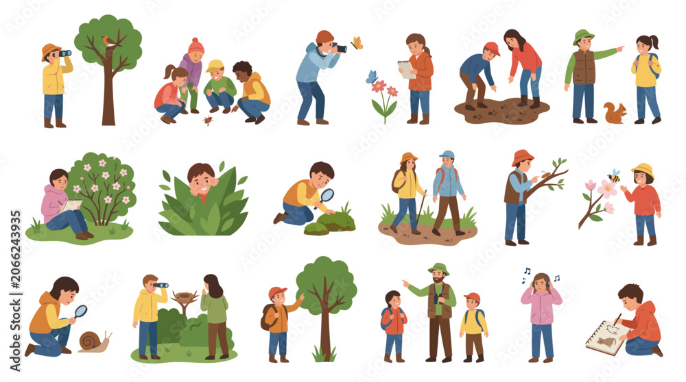Fototapeta premium Nature Exploration Flat Illustrations: Kids and Adults Discovering Wildlife Outdoor Learning Activities