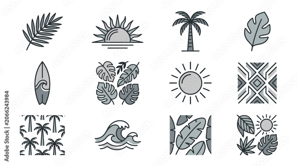 Fototapeta premium Modern tropical and coastal surf line icon set.