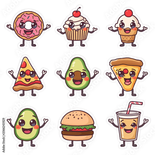 Cute Kawaii Food Characters, Including a Donut, Cupcake, Ice Cream, Pizza, Avocado, Burger, and Drink, Smiling with Joyful Expressions
