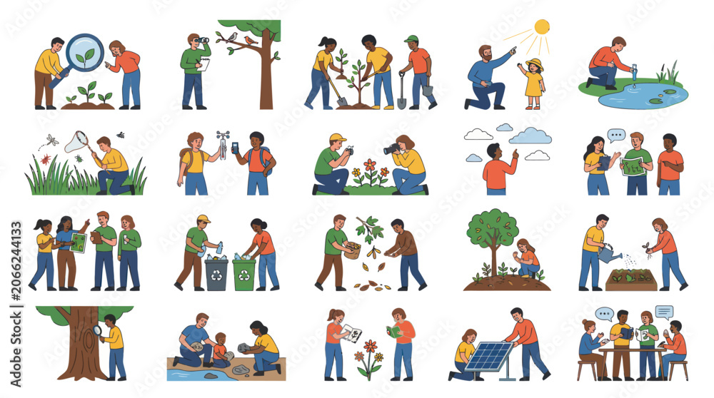 Fototapeta premium Environmental Science and Sustainability Activities Flat Vector Illustrations