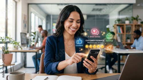 A woman in an office Setting  is using her smartphone and  with  Business and  Emotions and  and  Techonology  and  with Culture