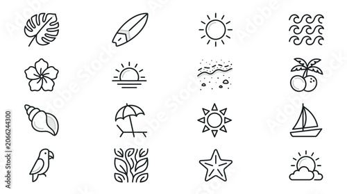 Tropical vacation and beach lifestyle line icon set.